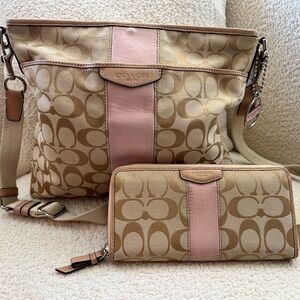 Coach Signature Crossbody Bag with Matching Wallet Khaki Pink Stripe F28502